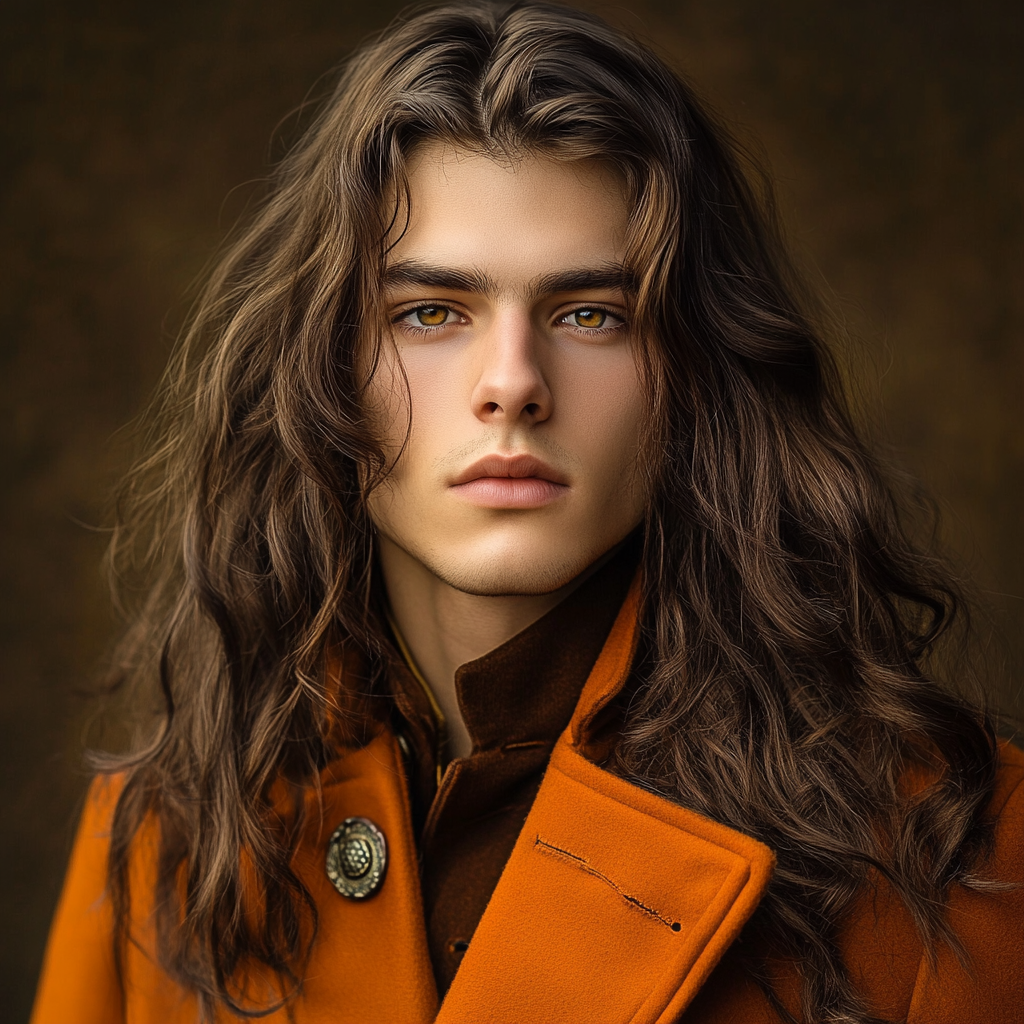 19-year-old man with long brown hair, golden eyes