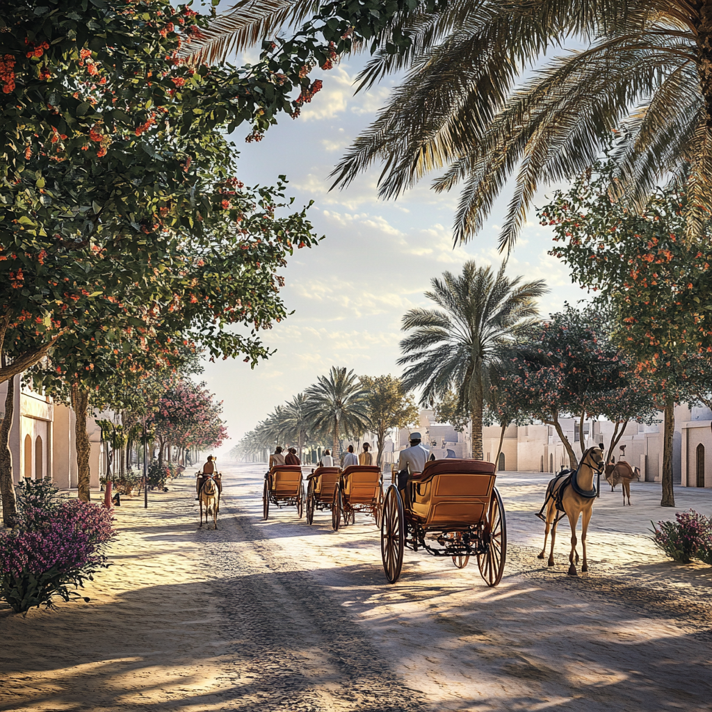 1900s Abu Dhabi city with horse carriages and camel.