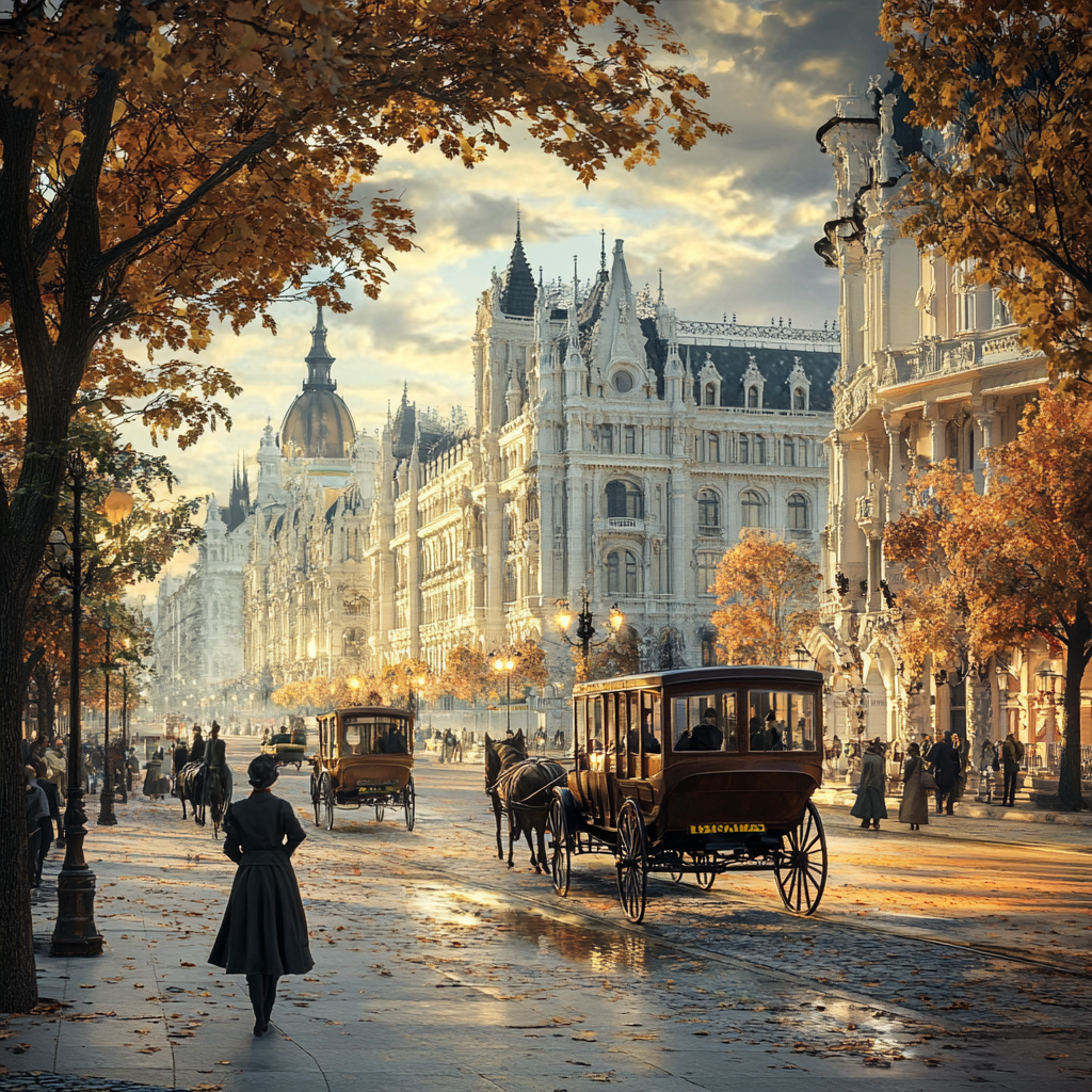 1900s cityscape with old buildings, people, and vehicles.