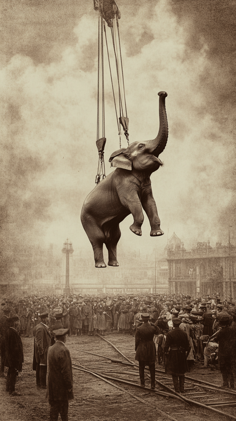 1916 Railroad Station: Elephant Lifted by Crane, Crowd Shocked