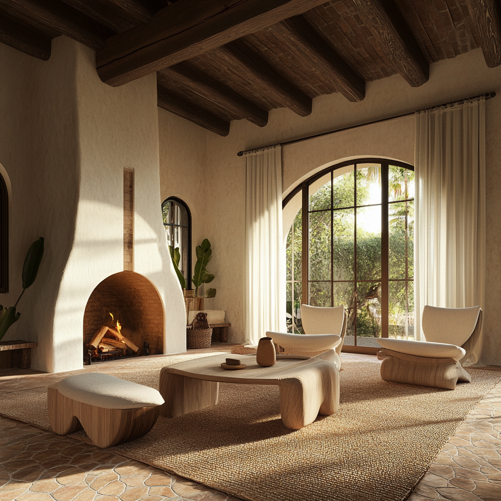 1920s Hollywood living room with modern furniture shapes.