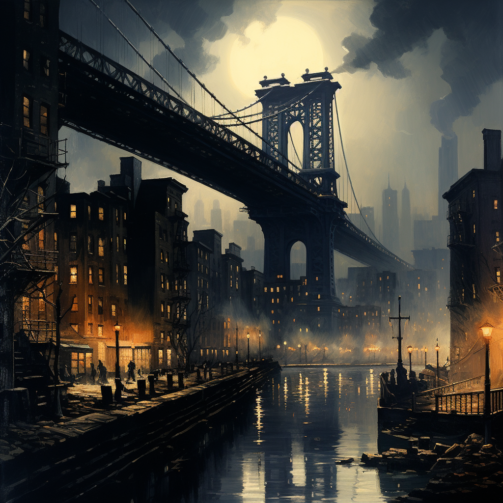 Illustration of a 1920s city night with a raised bridge