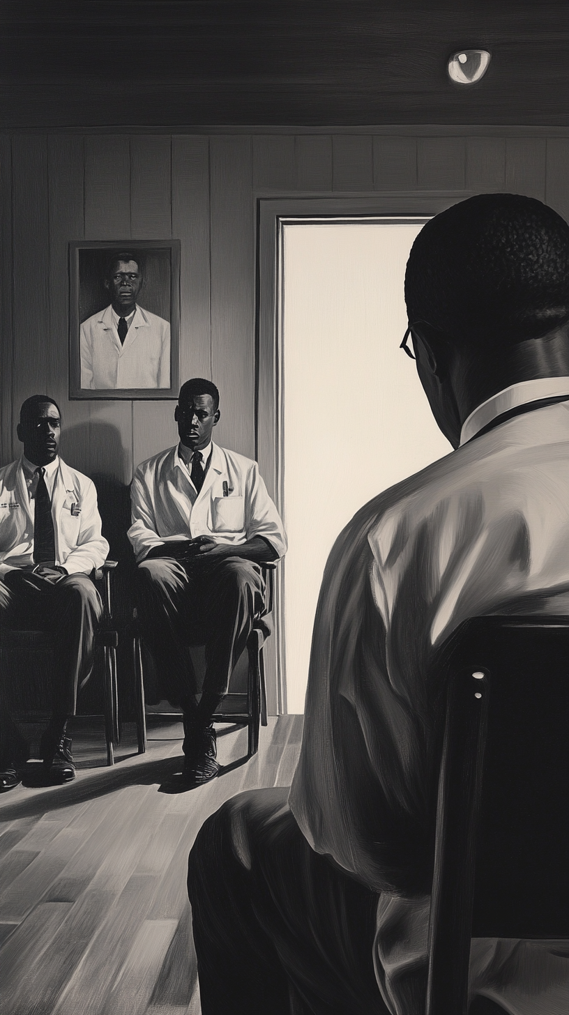 1930s rural American medical facility with Black men waiting