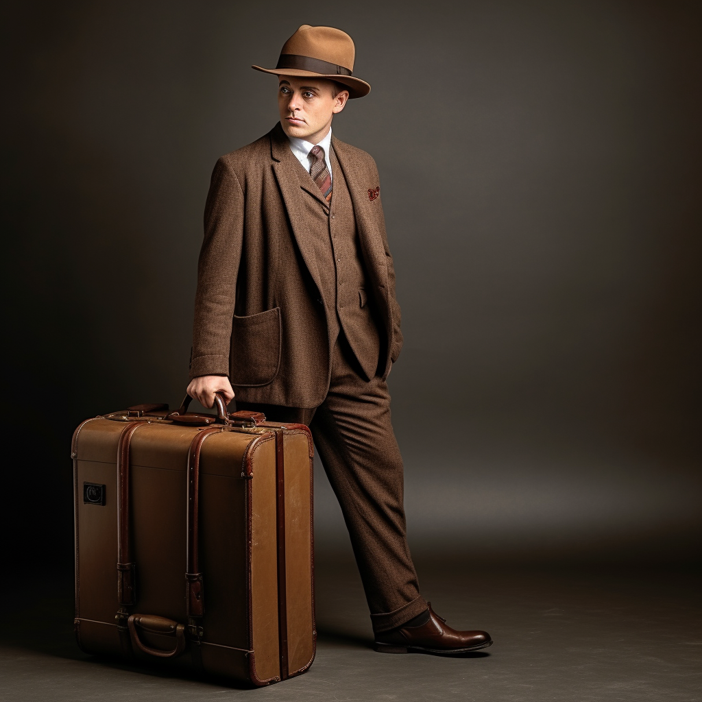 Man collecting vintage suitcase in 1930s style