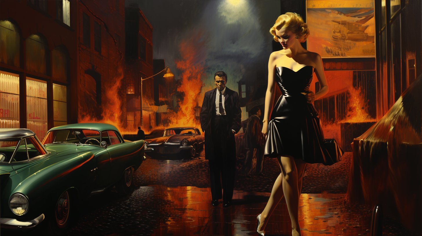 Color painting in 1940's pulp-noir style