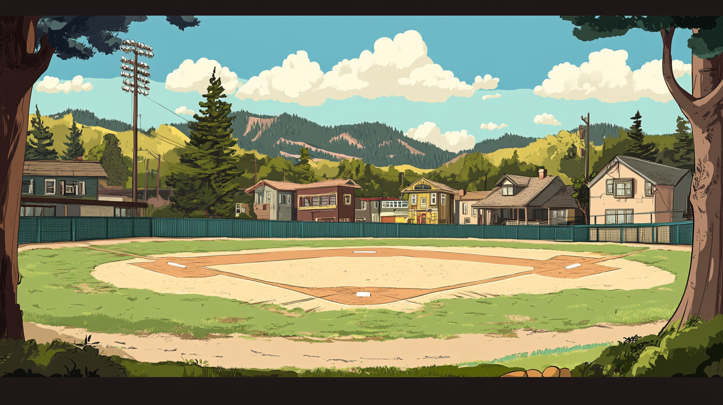 1950's baseball field in Silicon Valley as a cartoon.