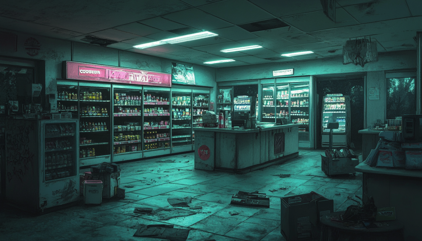 1950's convenience store at night, closed. Gritty action.