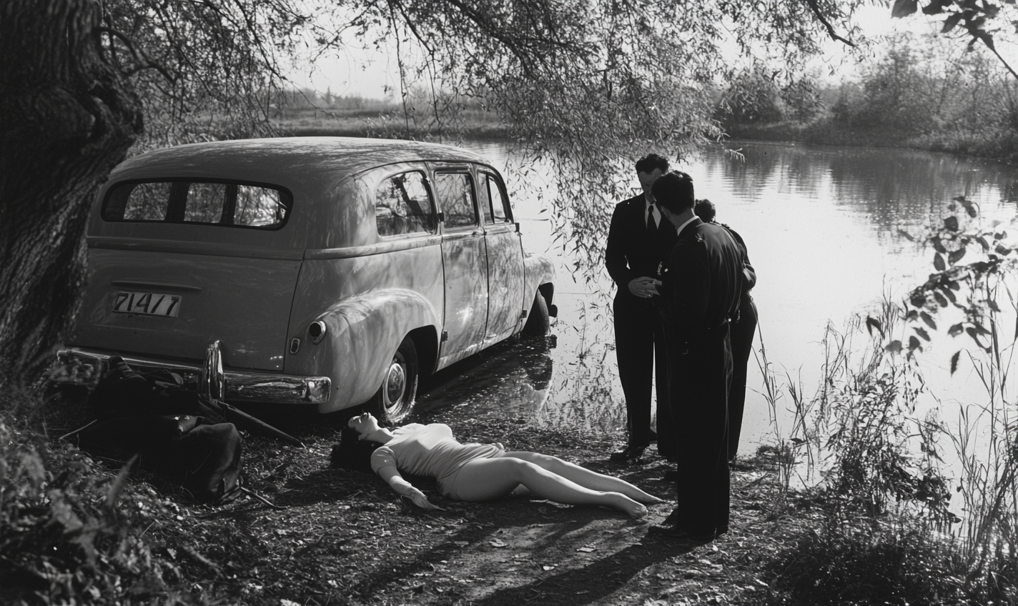 1950s British police investigate drowned woman by lake.