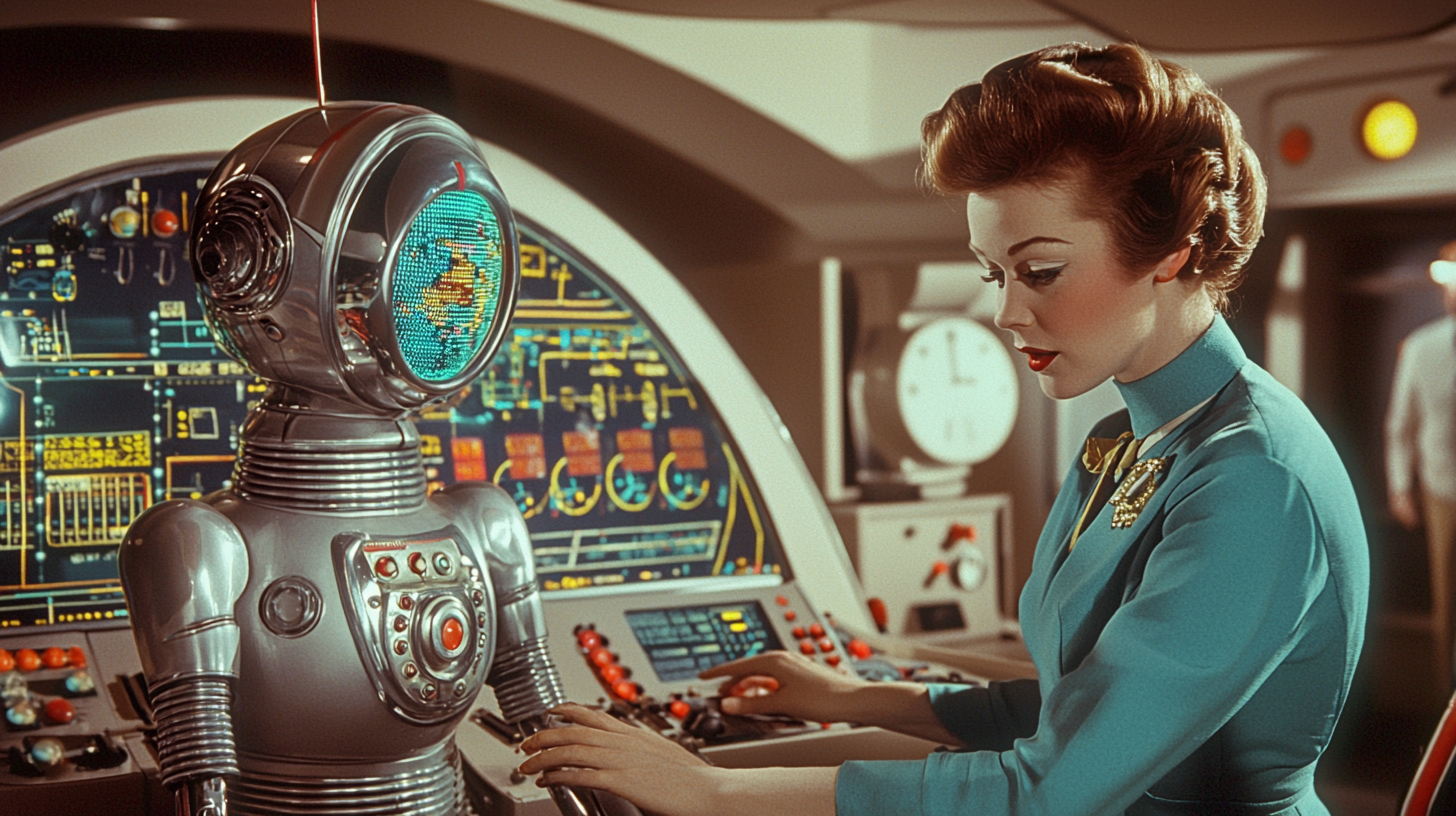 1950s Office with Robot Assistant and Technology Display