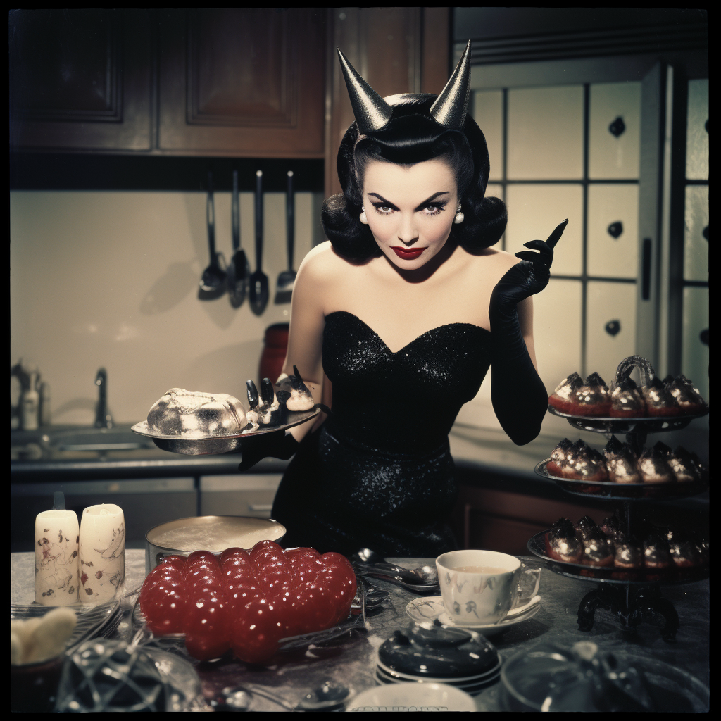 1950s color photo of Vampira with devil horns