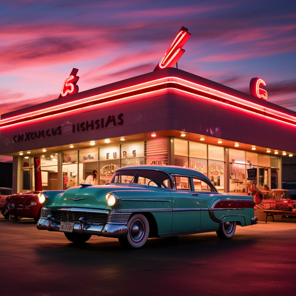 1950s diner with neon signs and classic cars