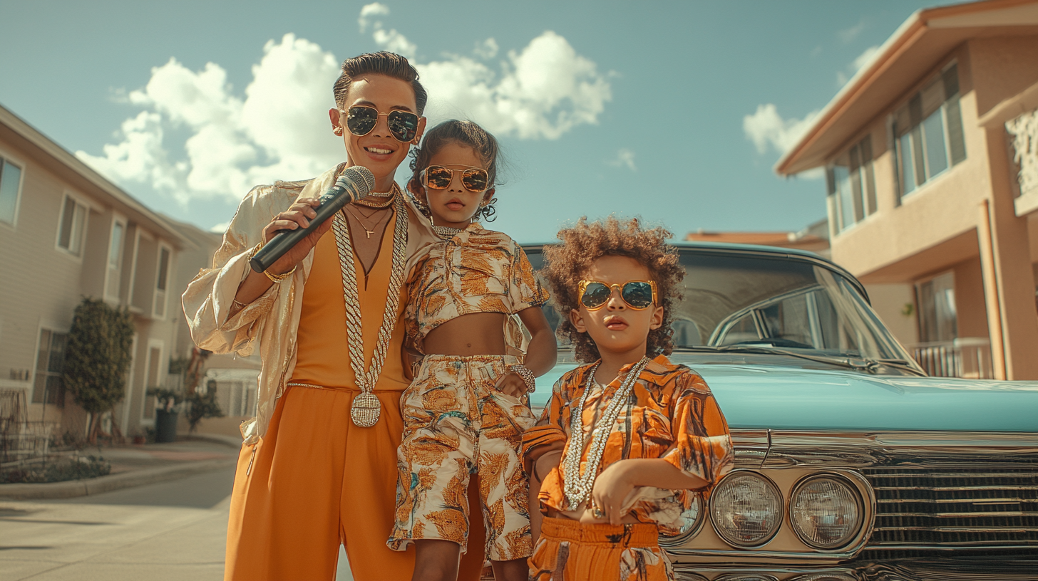 1950s family in rapper poses, wearing flashy outfits.