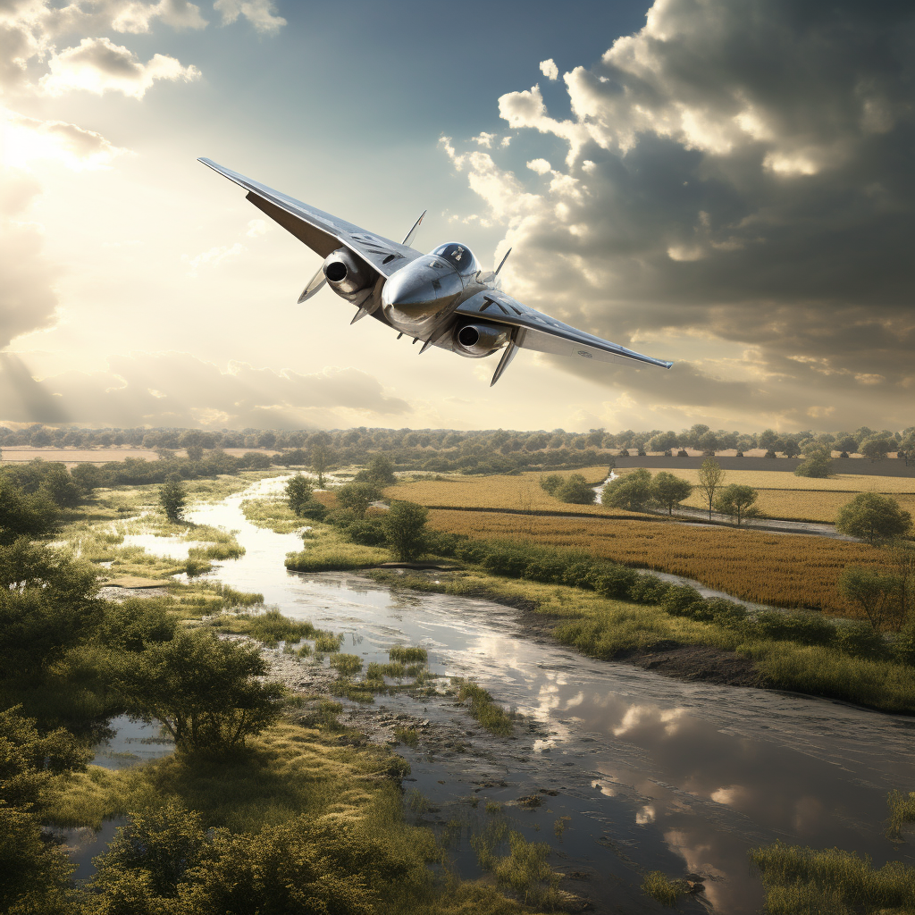 Vintage fighter plane flying over marshland