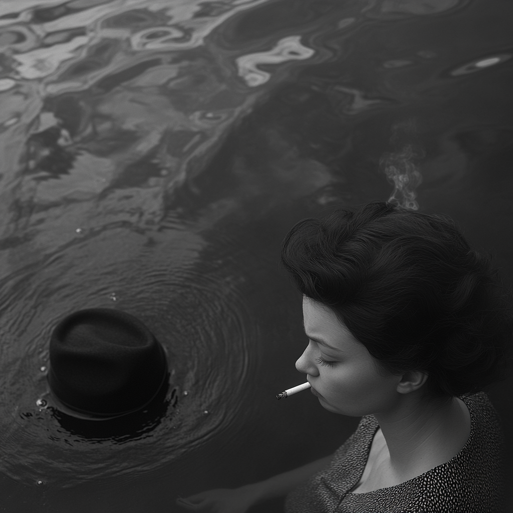 1950s noir detective series lakeside scene with smoking lady