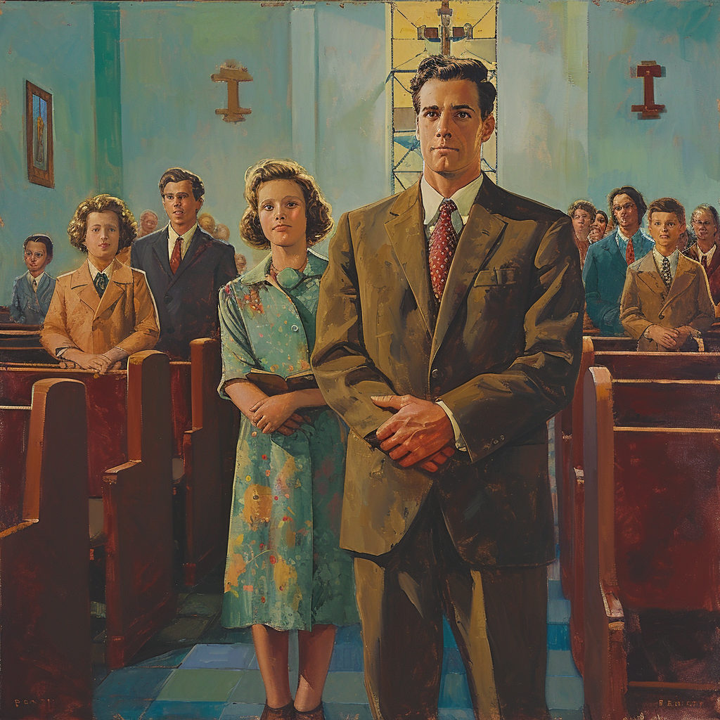 1950s painting man church family