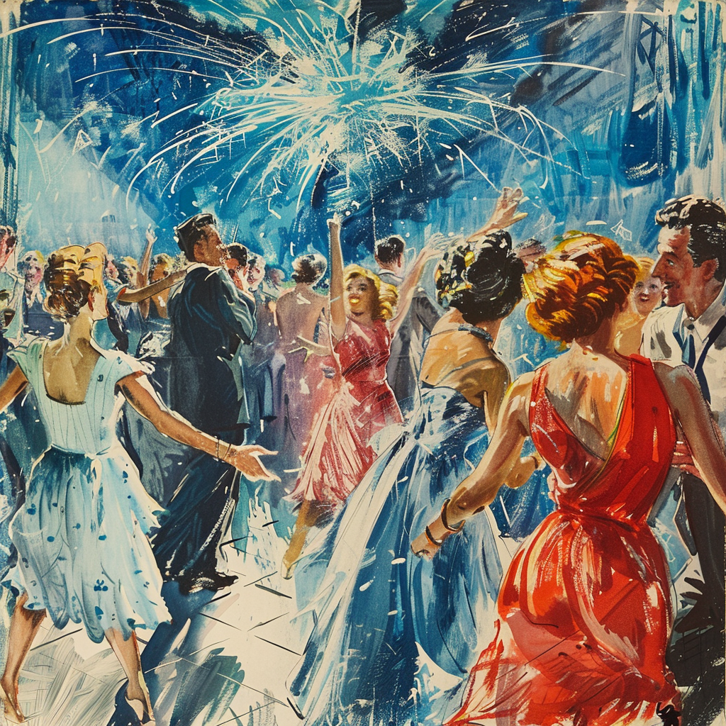 1950s party painting blue wash