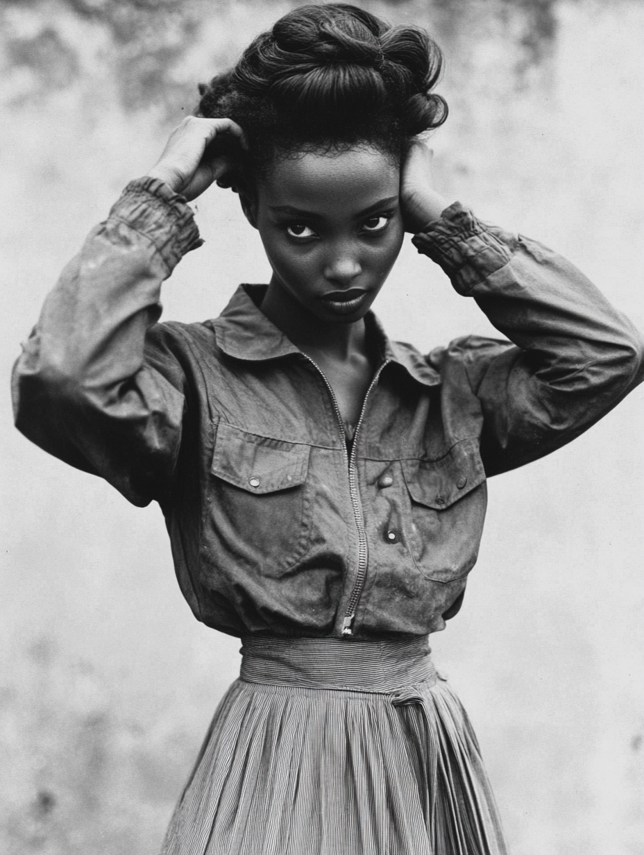 1952 Ethiopian woman in bomber jacket and pleated skirt.