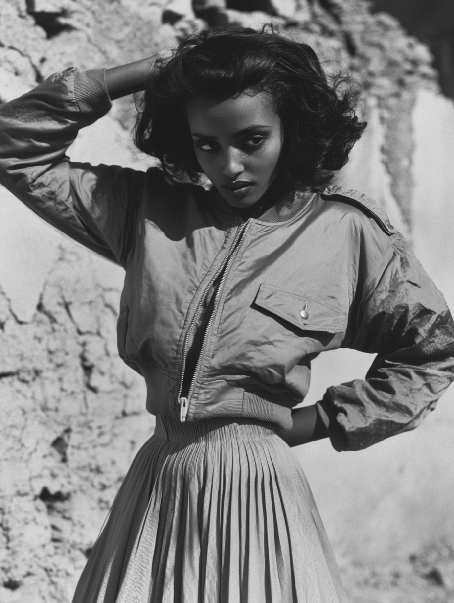 1952 vintage Ethiopian lady with bomber jacket and skirt