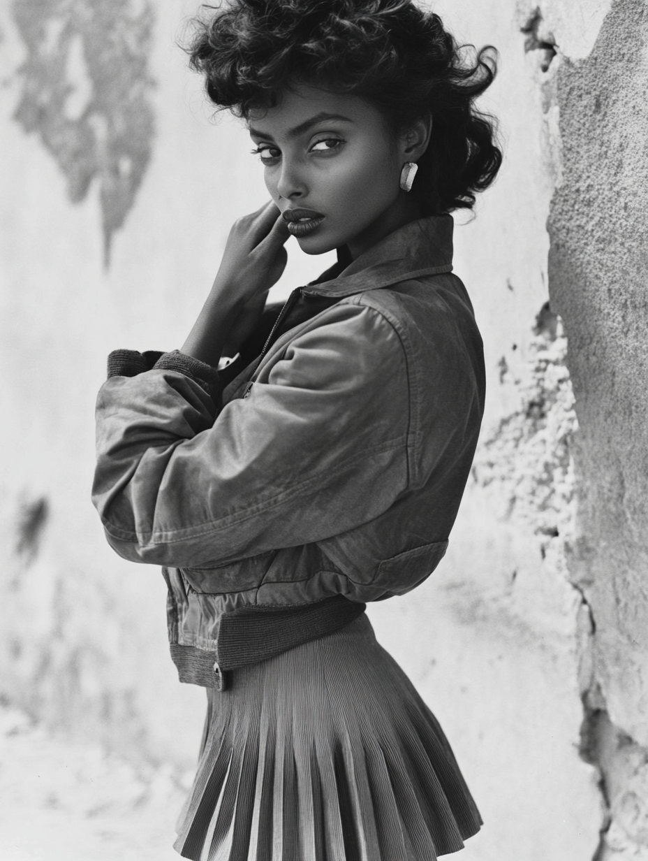 1952 vintage photo of Ethiopian woman in bomber jacket.