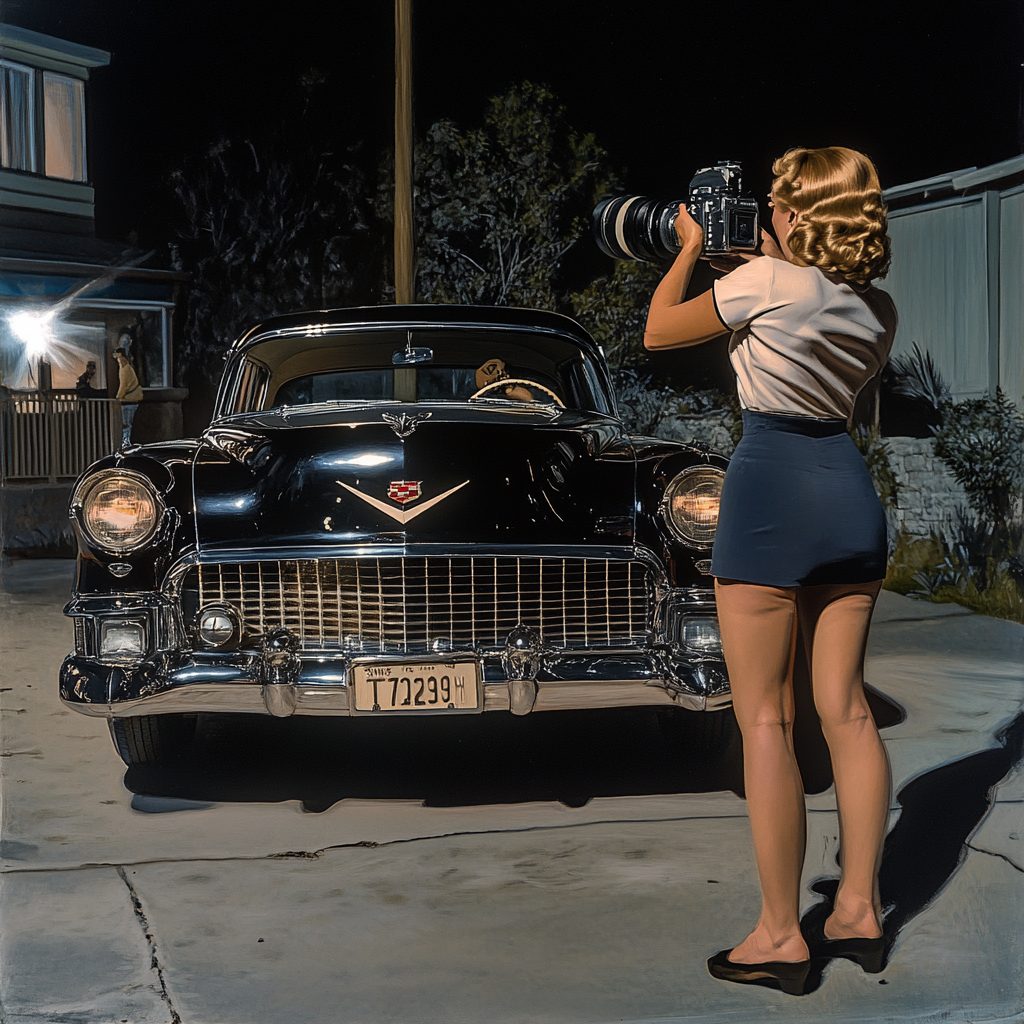 1954 Photographer captures Marilyn Monroe by black Cadillac.