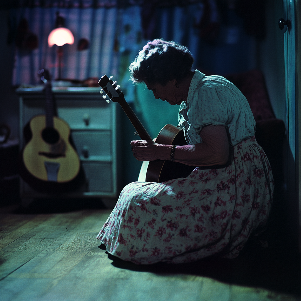 1956 Restored Kodachrome: Human crustacean playing banjo in bleak London bedsit