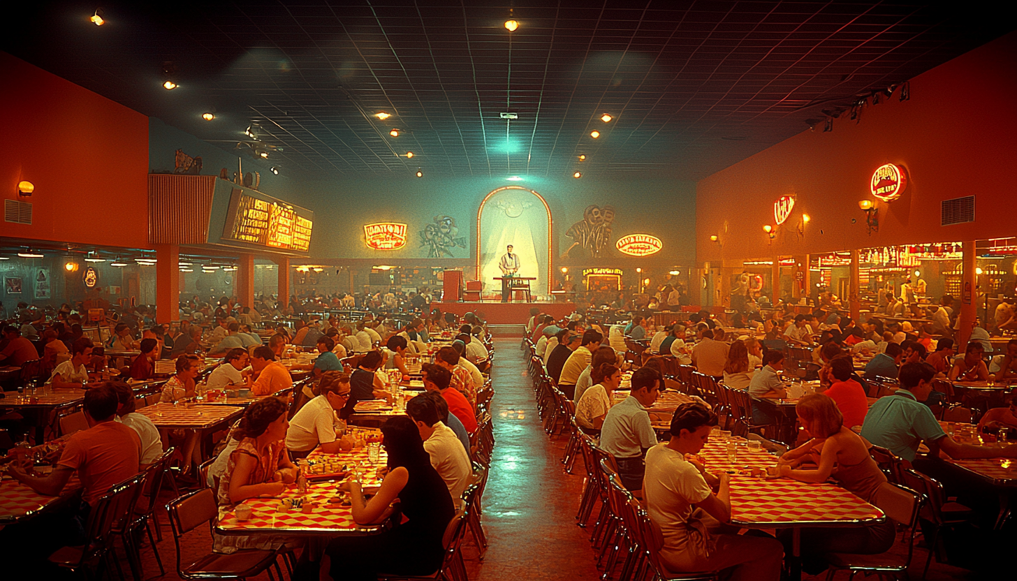 1960s Bingo Hall with Caller, People Playing Tables