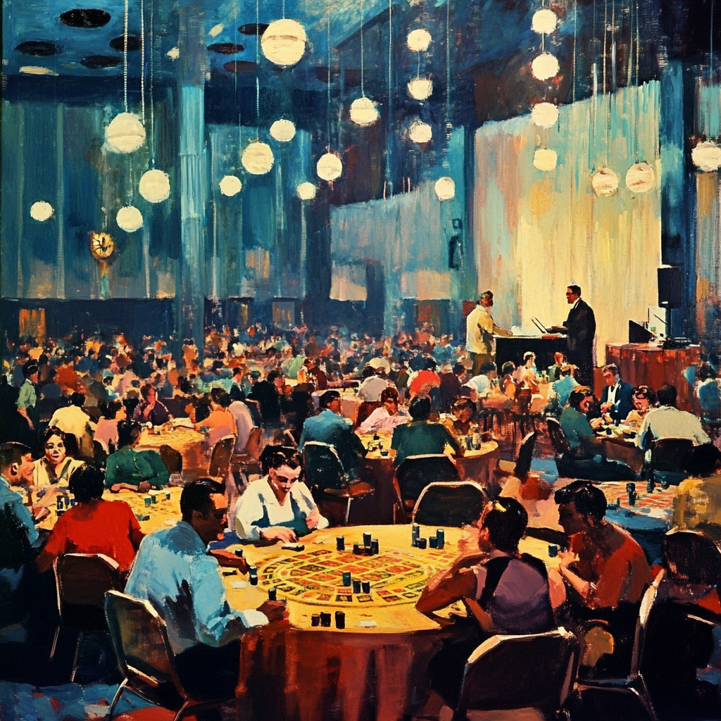 1960s Bingo Hall with Diverse Crowd and Caller 