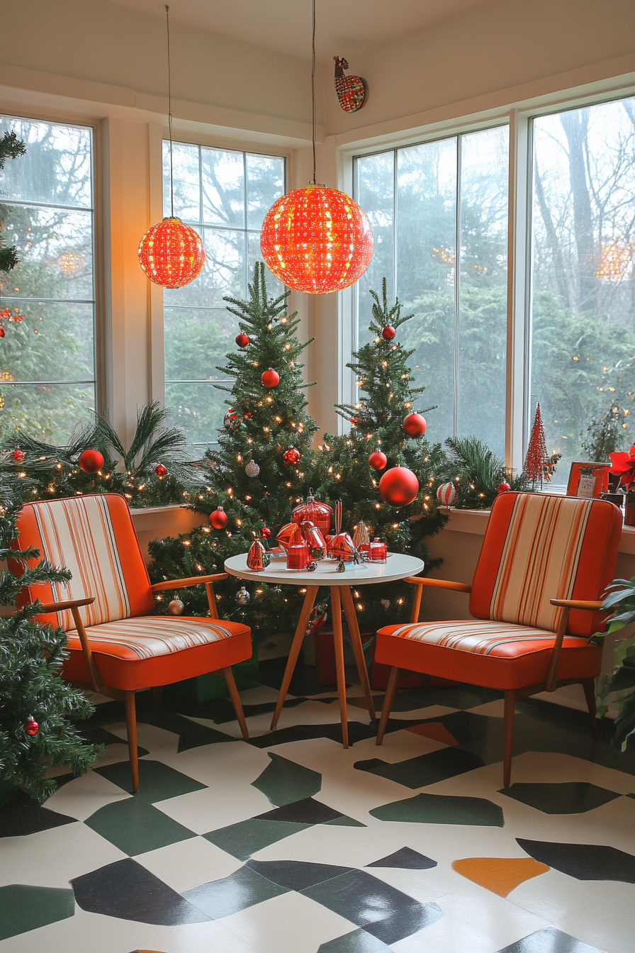 1960s Christmas sunroom with retro furniture and decor