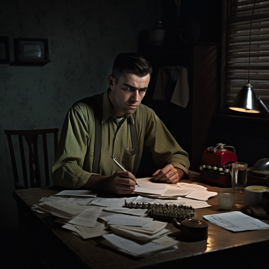 1960s American husband working on taxes