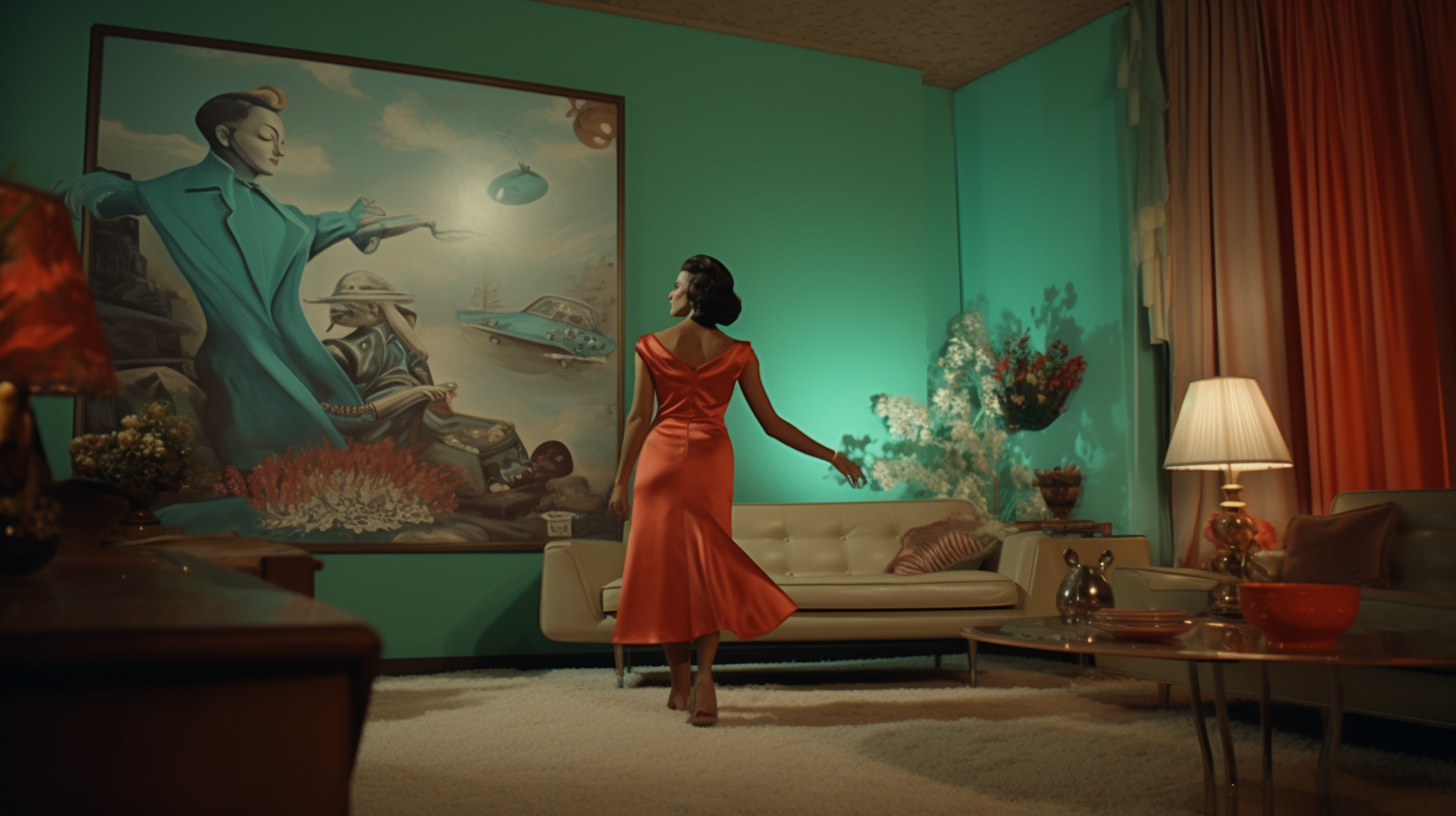 Woman dancing in 1960s living room