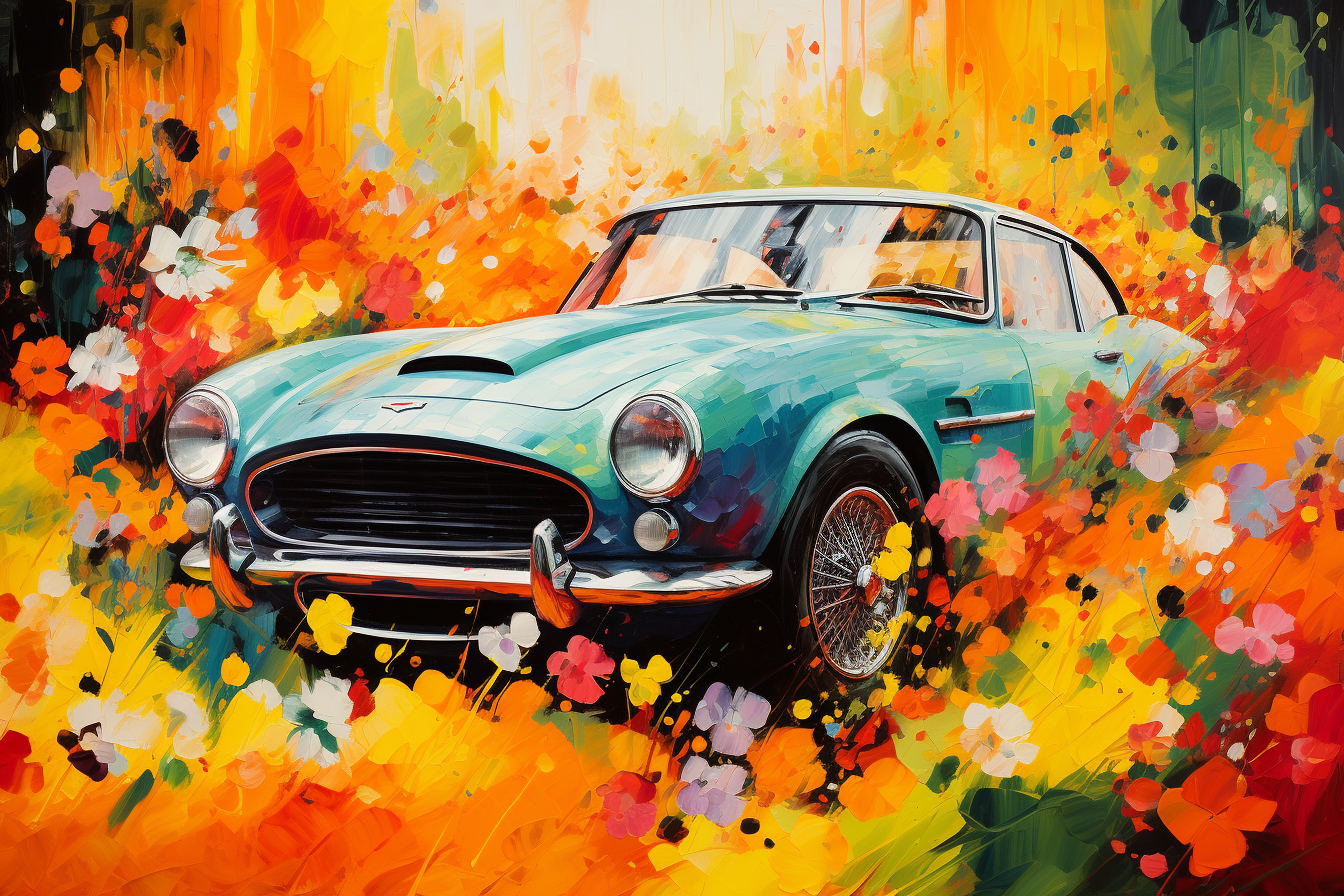 Impressionist-style 1960s Shelby Mustang with flowers