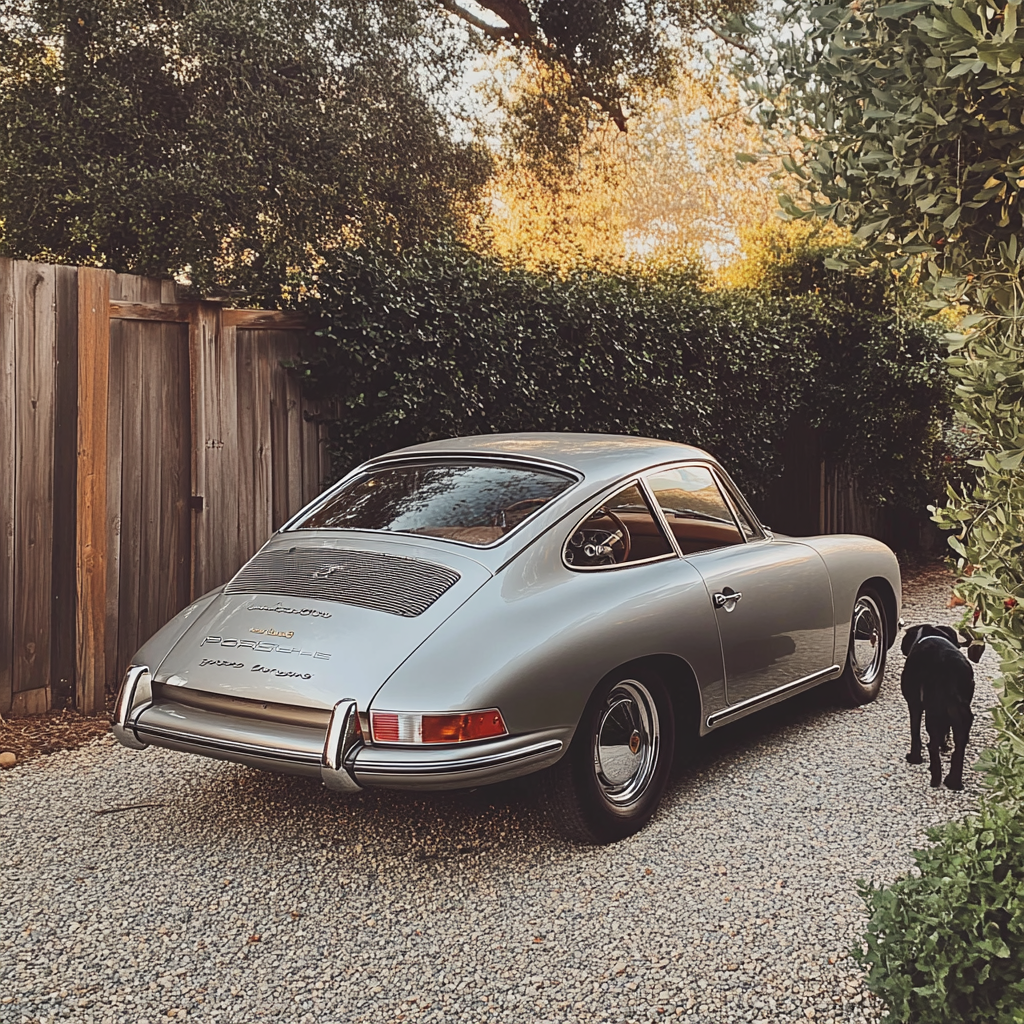 1960s silver porsche car parked by wood fence.