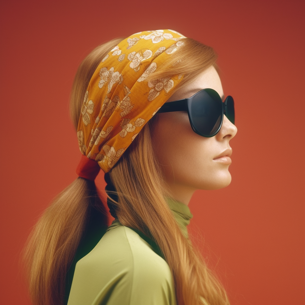 Stylish 1960s woman with square sunglasses and hair scarf