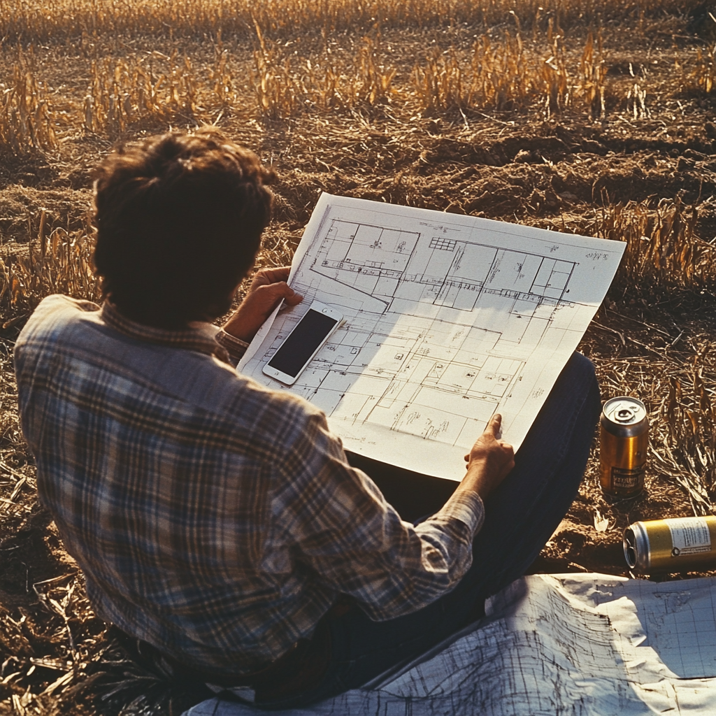 1970s Construction Site: Man Reading Plans with iPhone