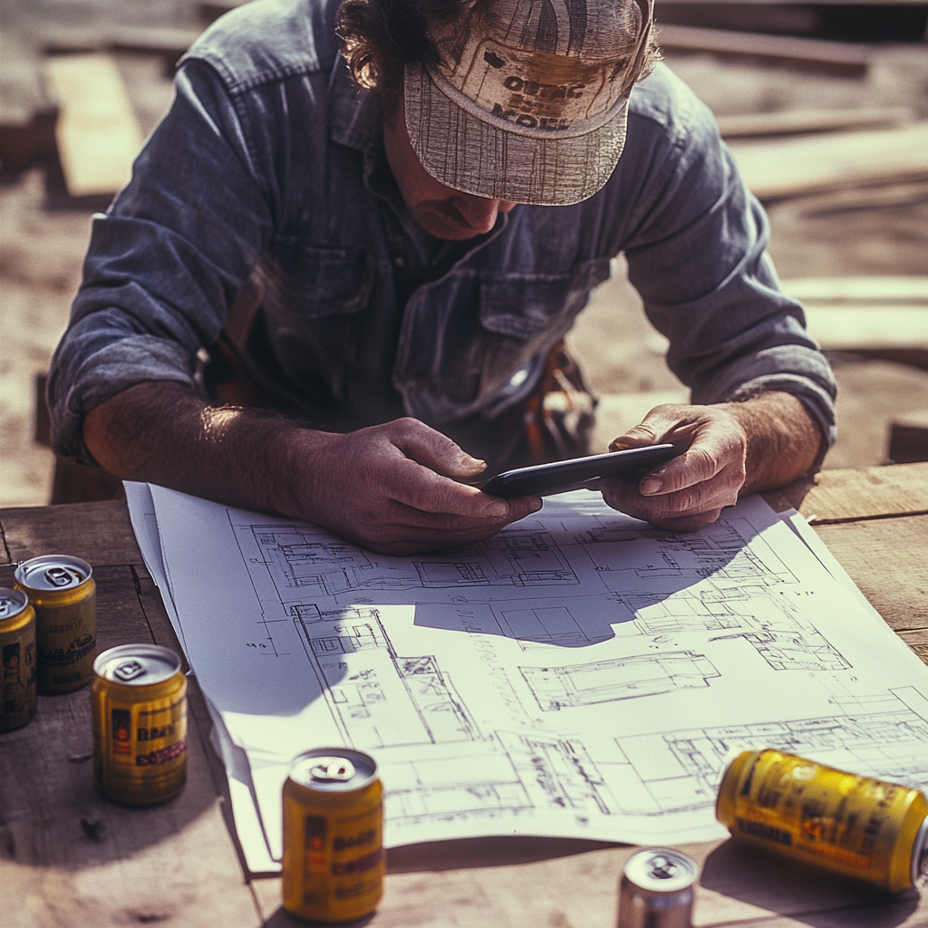 1970s Man Reading Construction Plans Outdoors with iPhone, Beer Cans