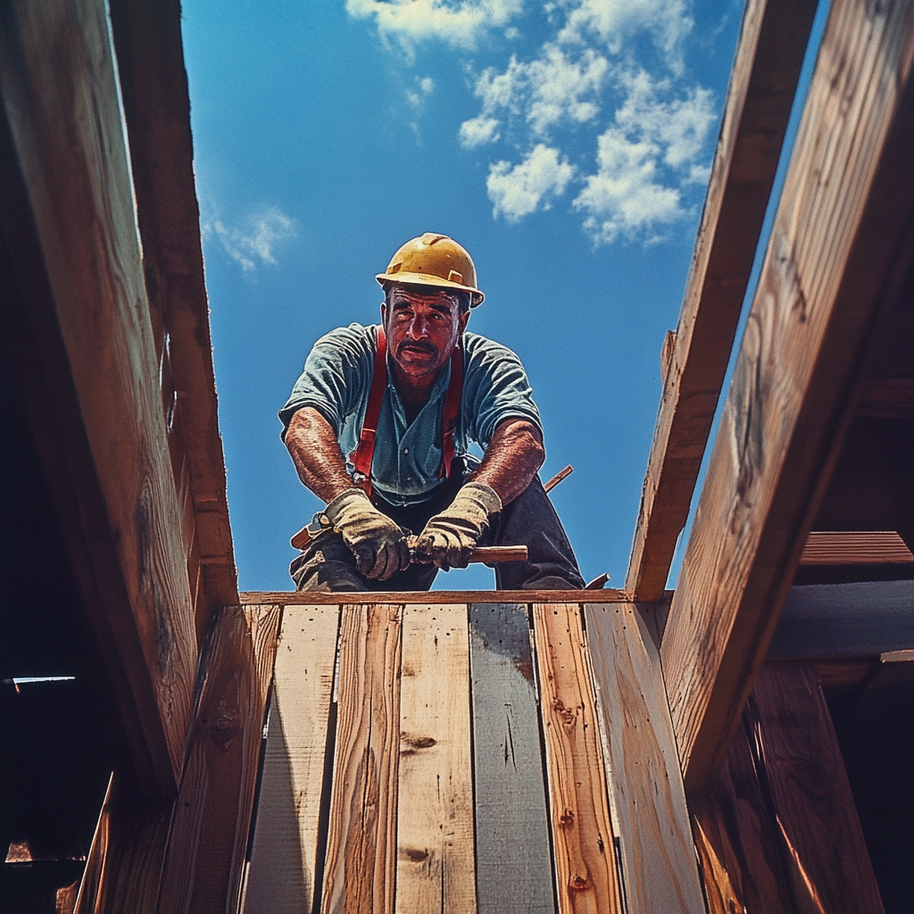 1970s Man Working on Deck Construction Project, Hyperrealistic