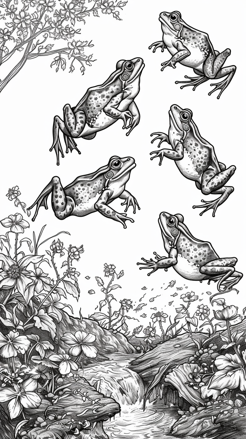 Joyous group of American bullfrogs jumping in landscape