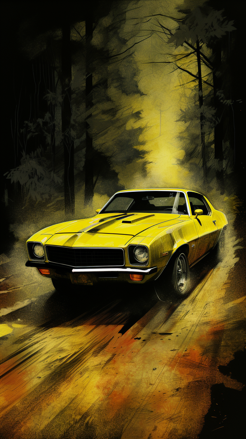 1970s yellow Camaro dark fantasy image