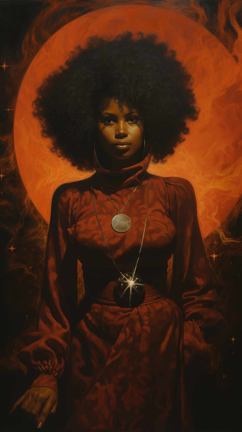 Dark Skinned Female Wizard in 1970s Fantasy Gothic