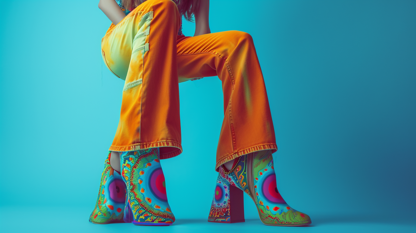 1970s fashion model in vibrant bell-bottoms