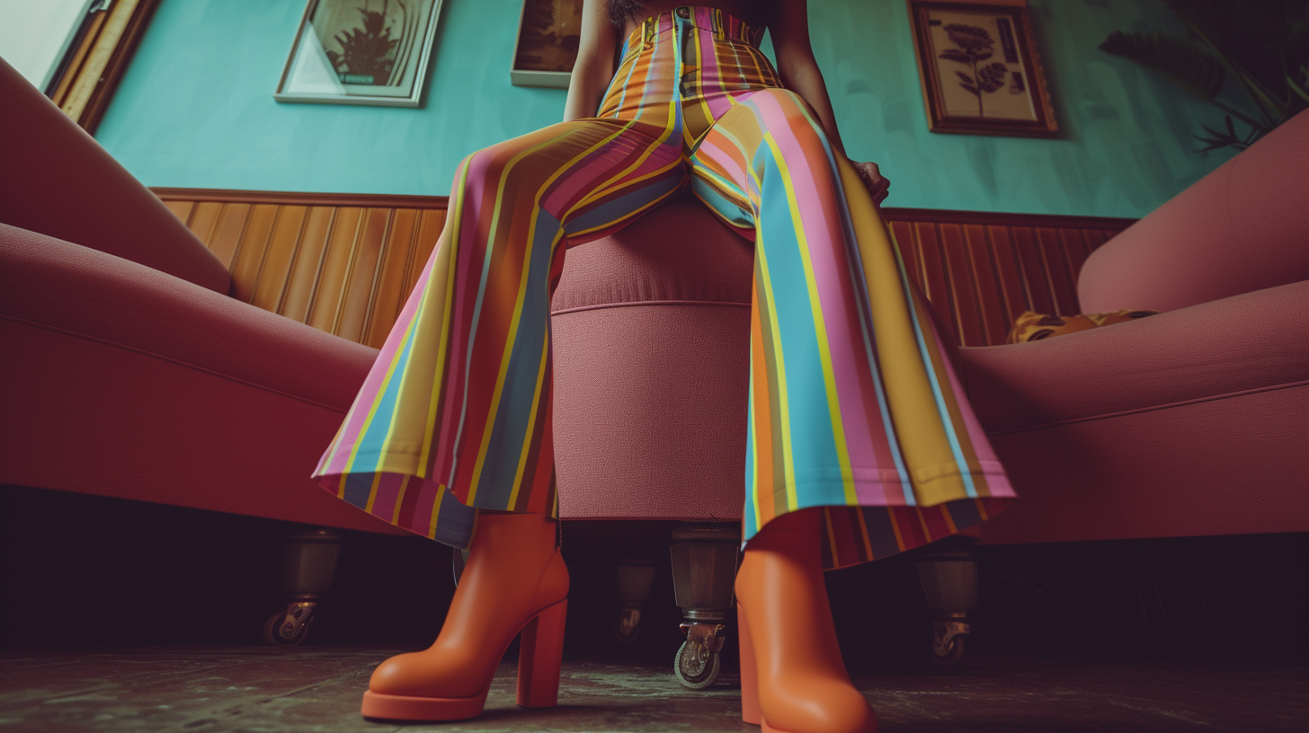 1970s fashion model in bell bottoms and platform shoes