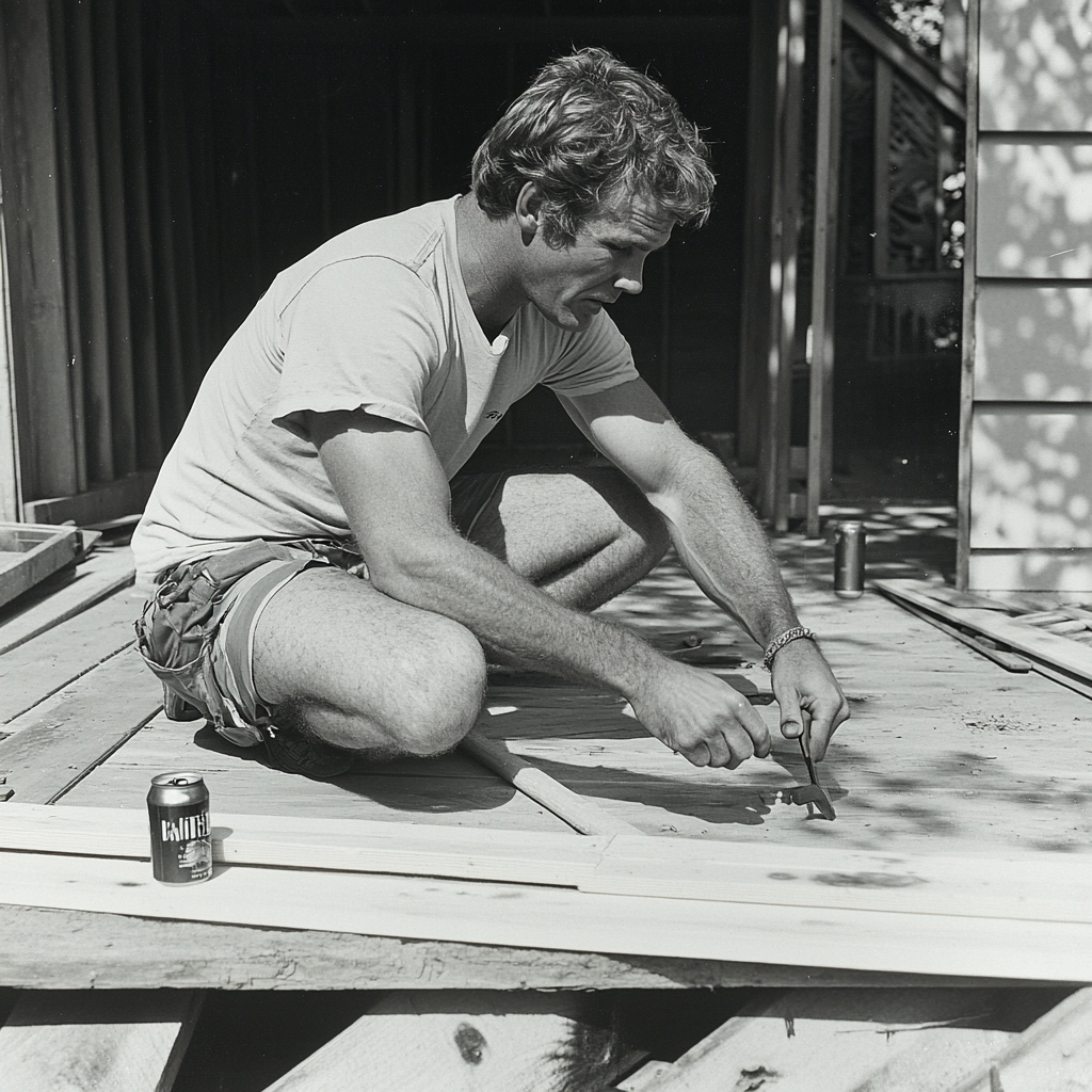 1970s man hammering deck construction, beer nearby, athletic shorts