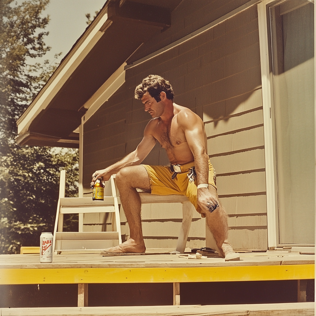 1970s man working on deck with beer hyperrealistic stock photo.