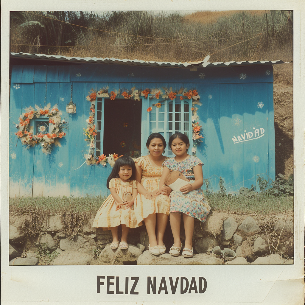 Mexican mother and daughters in 1970s Christmas card