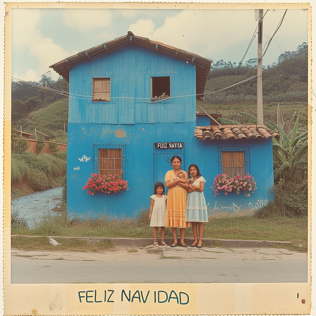 1970s Mexican family in front of blue colonial house