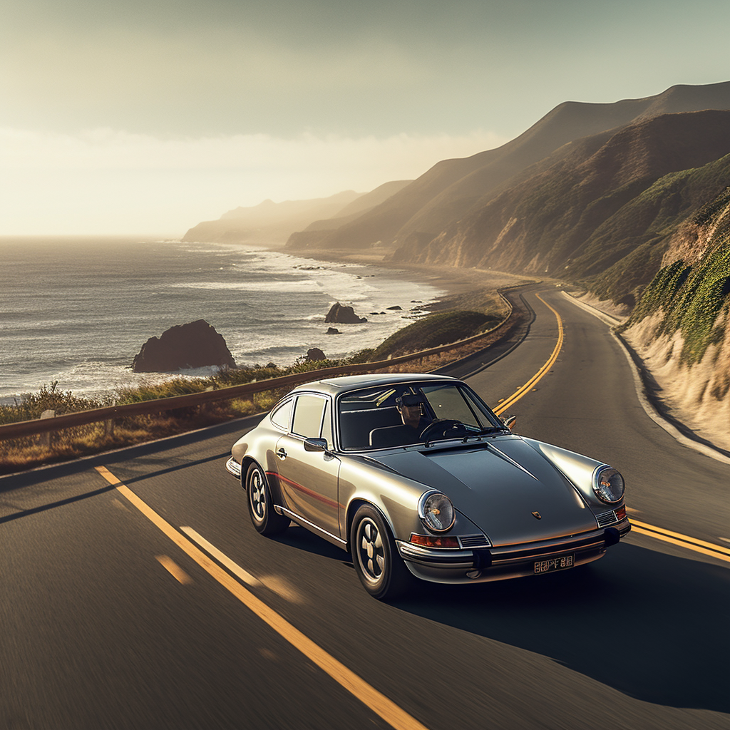 Classic Porsche 911 driving on Pacific Coast Highway