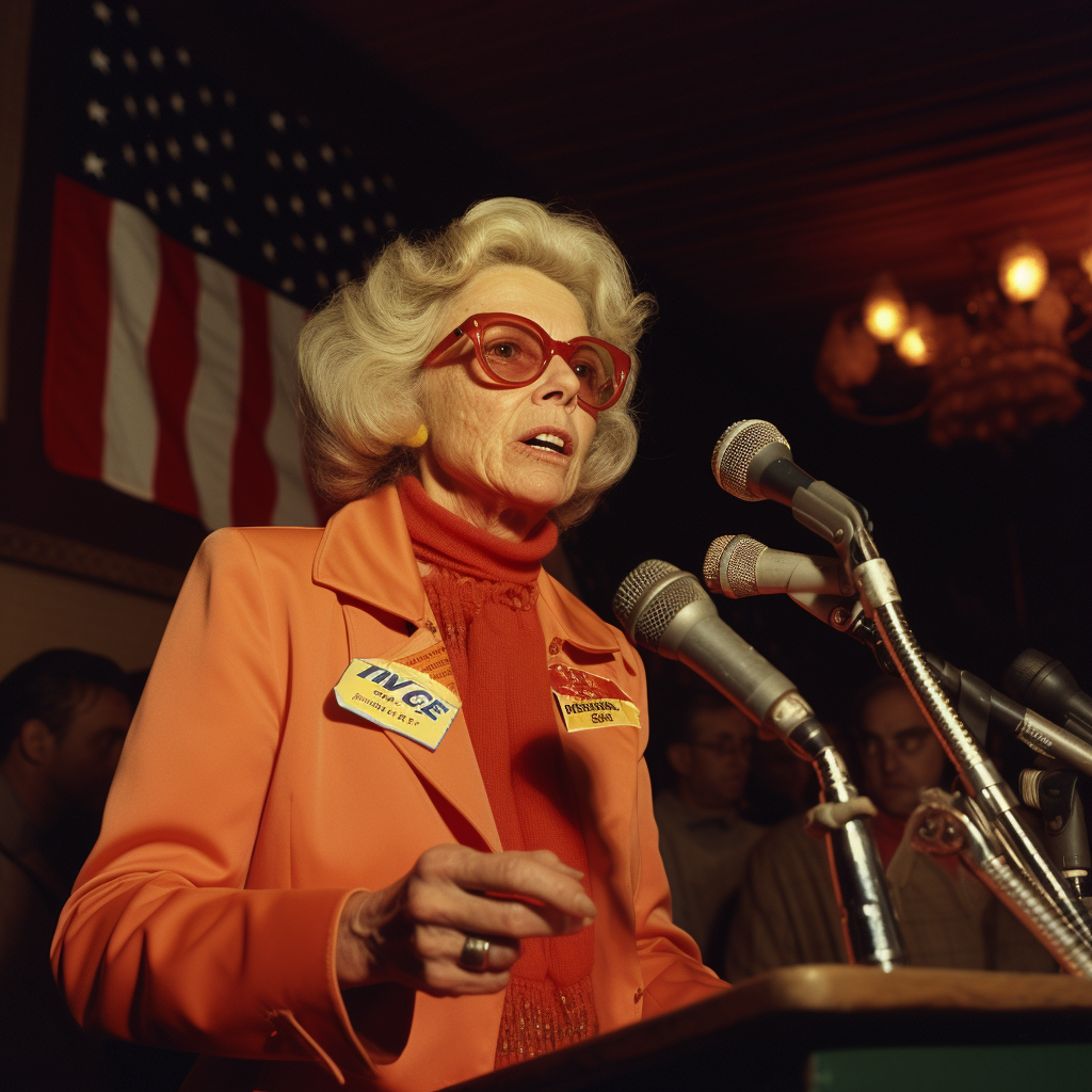 Image of a 1970s progressive political candidate delivering a speech on election night