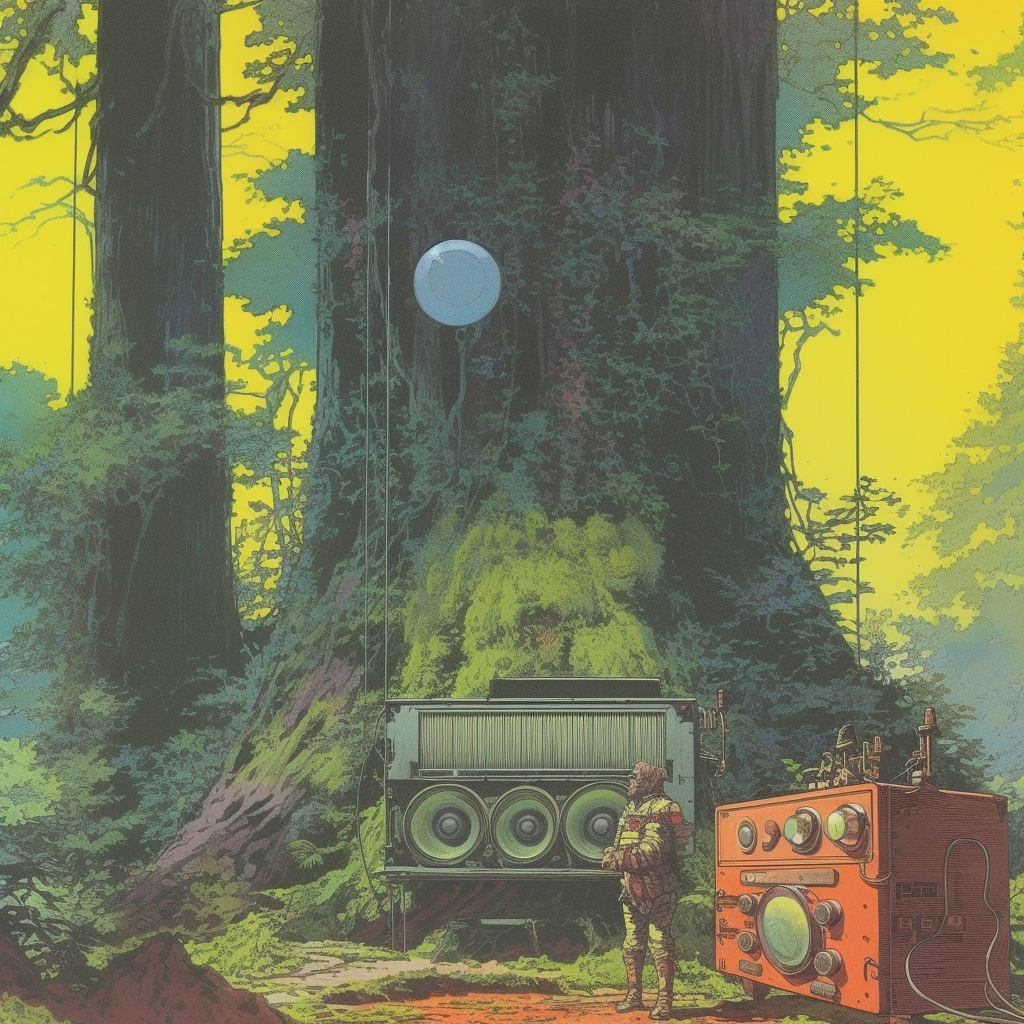 Outdoor forest with vintage sci-fi speaker driver