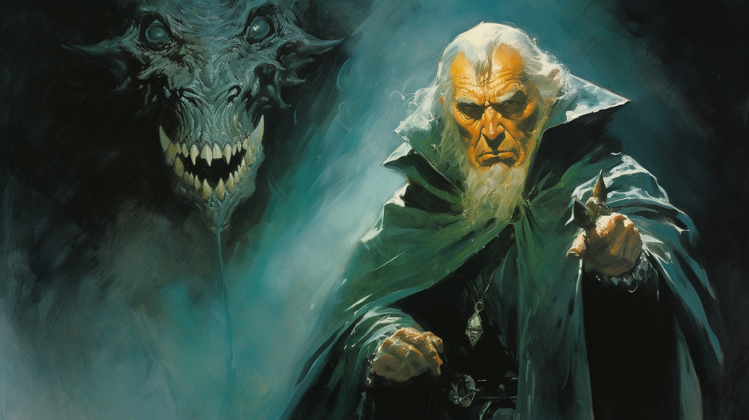 Dark fantasy cover art with old man in black robes