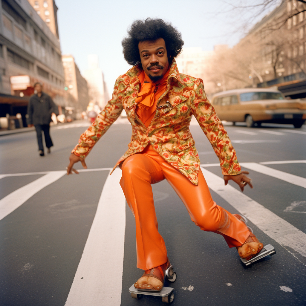 1970s man rollerskating in vibrant orange outfit